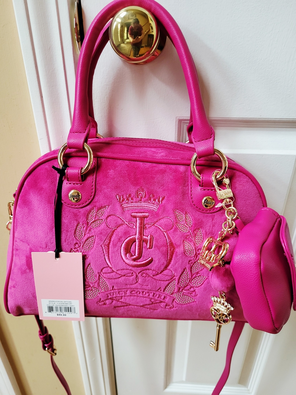 Juicy Couture Sparkle Royal Satchel Crossbody Handbag Velour Raspberry Tart Pink